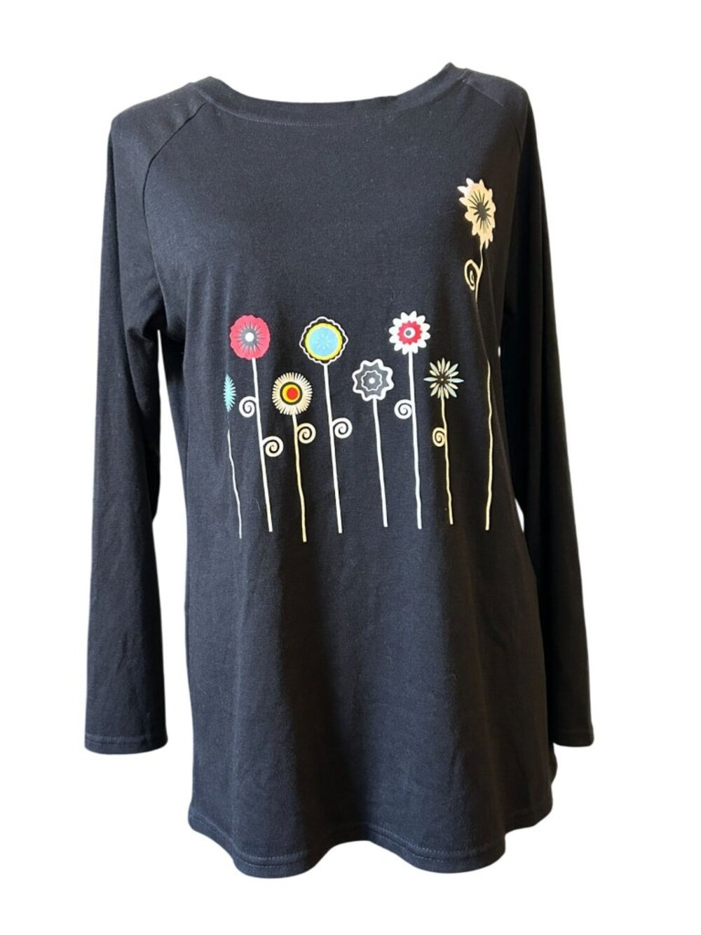 Black‎ Floral Embroidered Long‑Sleeve Top – Small, Boho Artistic Design